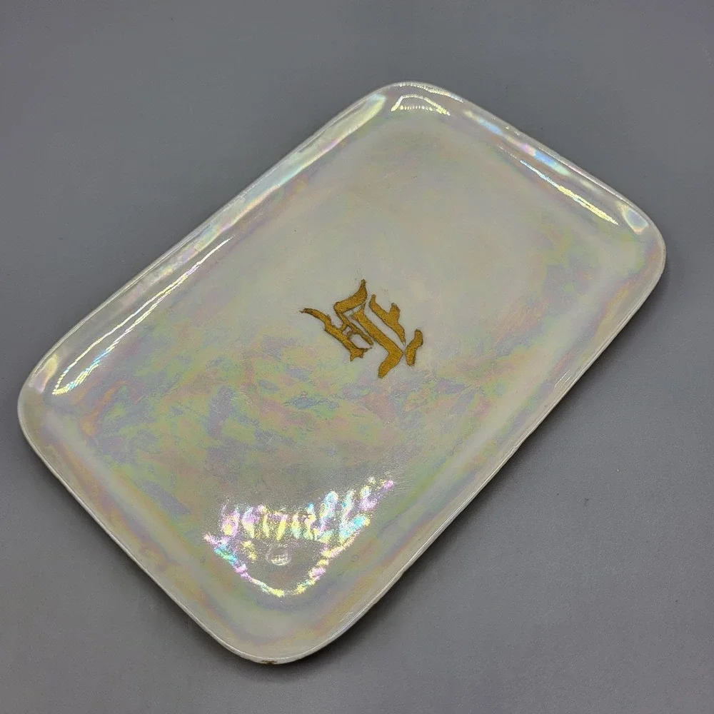 Vintage Limoges Trinket Dish Iridescent Gold Monogram Luster Tray White 6.75x4.5